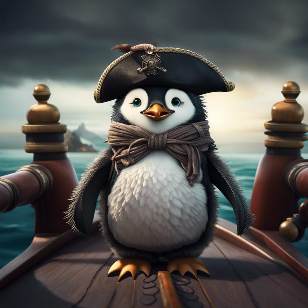 Fluffy Pirate Penguin on a Ship, Digital Painting