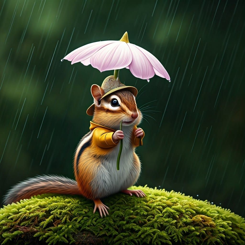 Whimsical Chipmunk Under Rainy Forest Umbrella