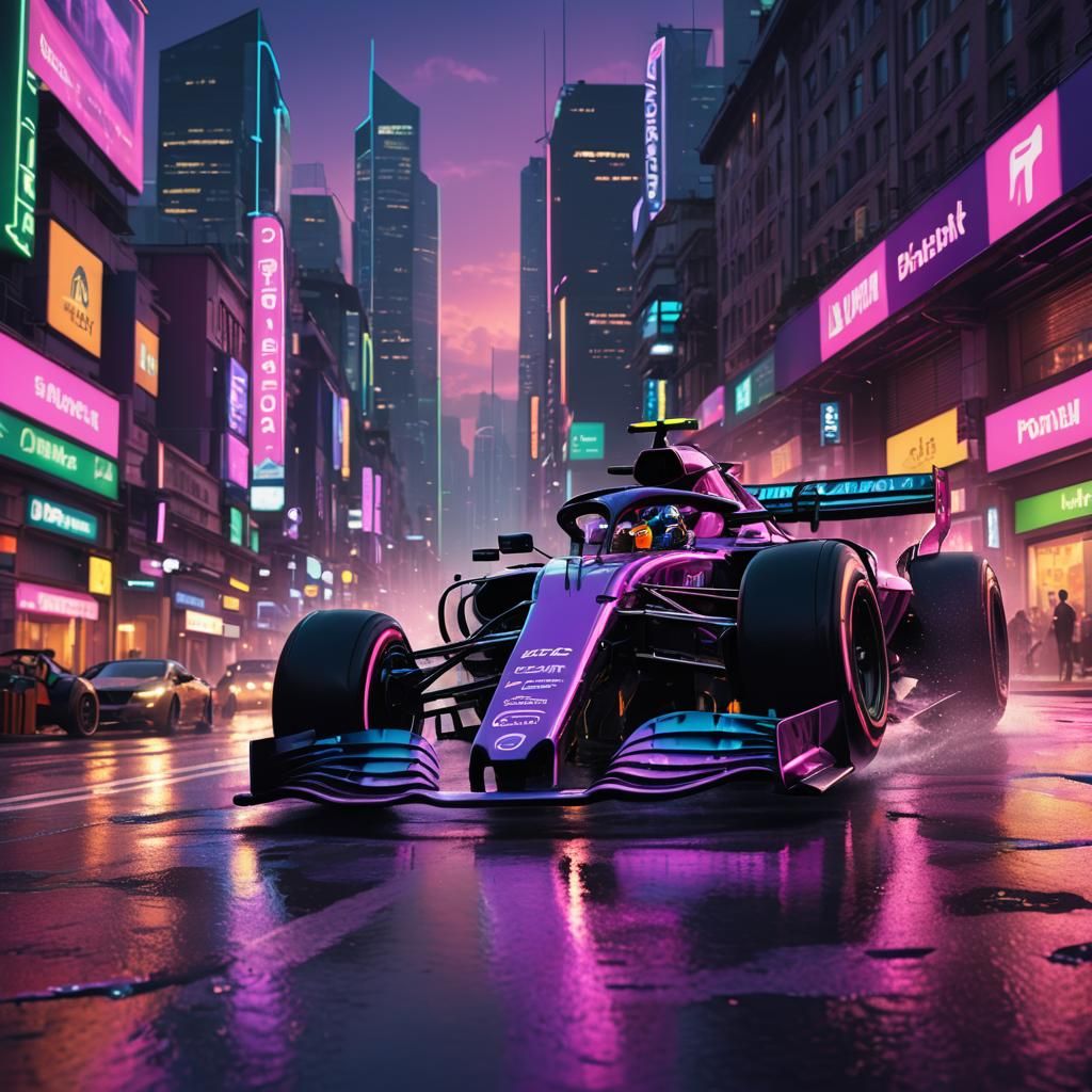Futuristic F1 Car Races Through Neon Cityscape