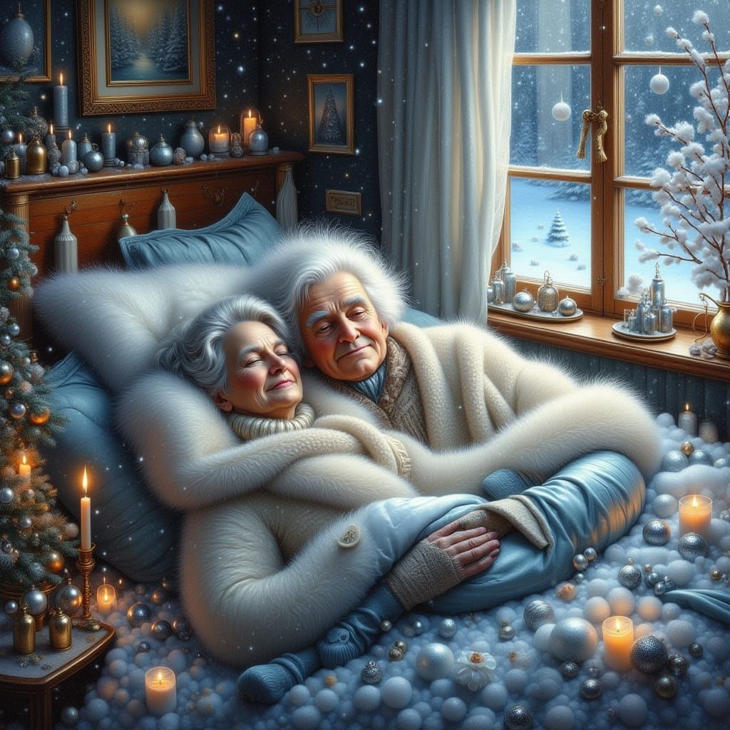 Elderly Couple in Cold Winter Bedroom Oil Painting