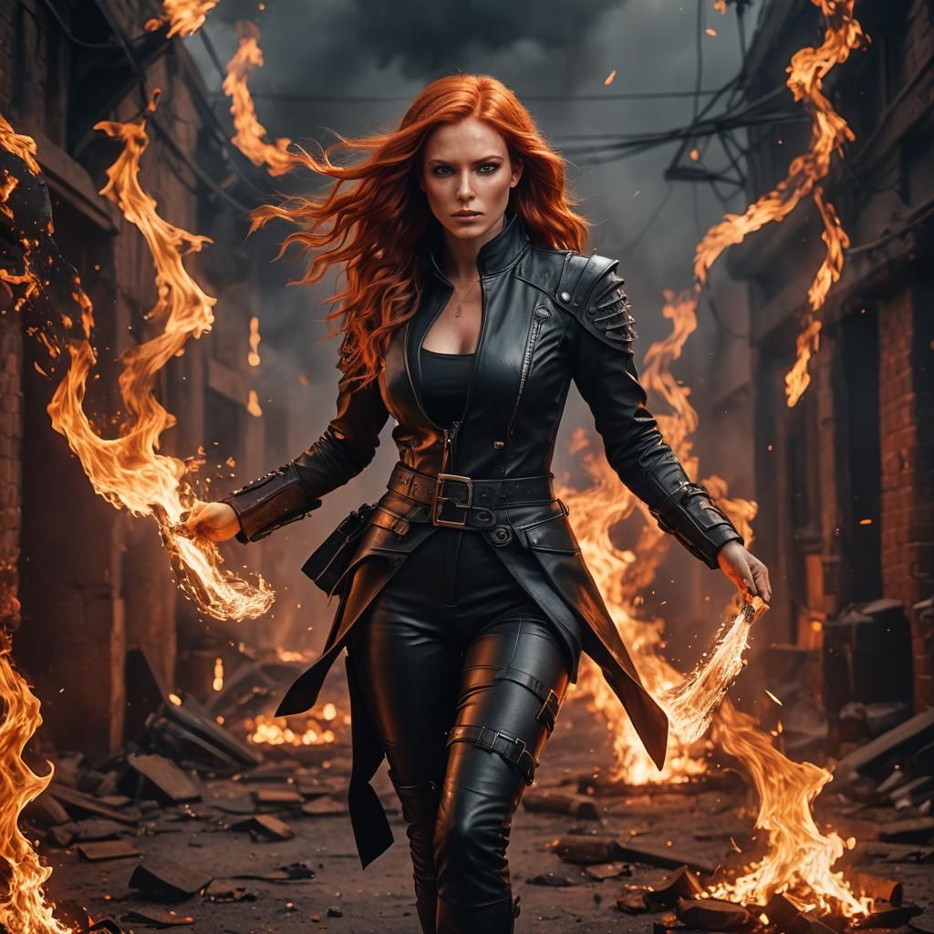 Fiery Portrait of Red-Haired Woman in Leather