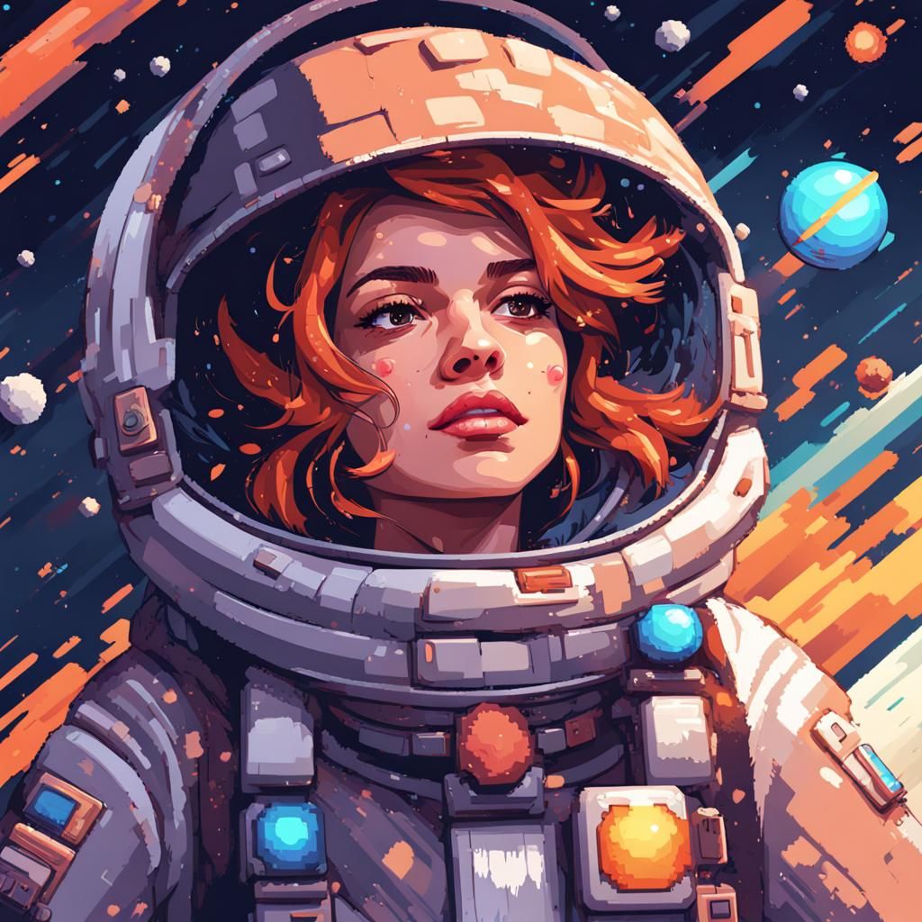 Pixel Art: Cute Woman's Space Travel Adventure