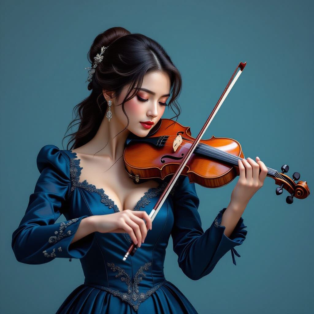 Violinist Plays with Passion in Hyperrealistic Style