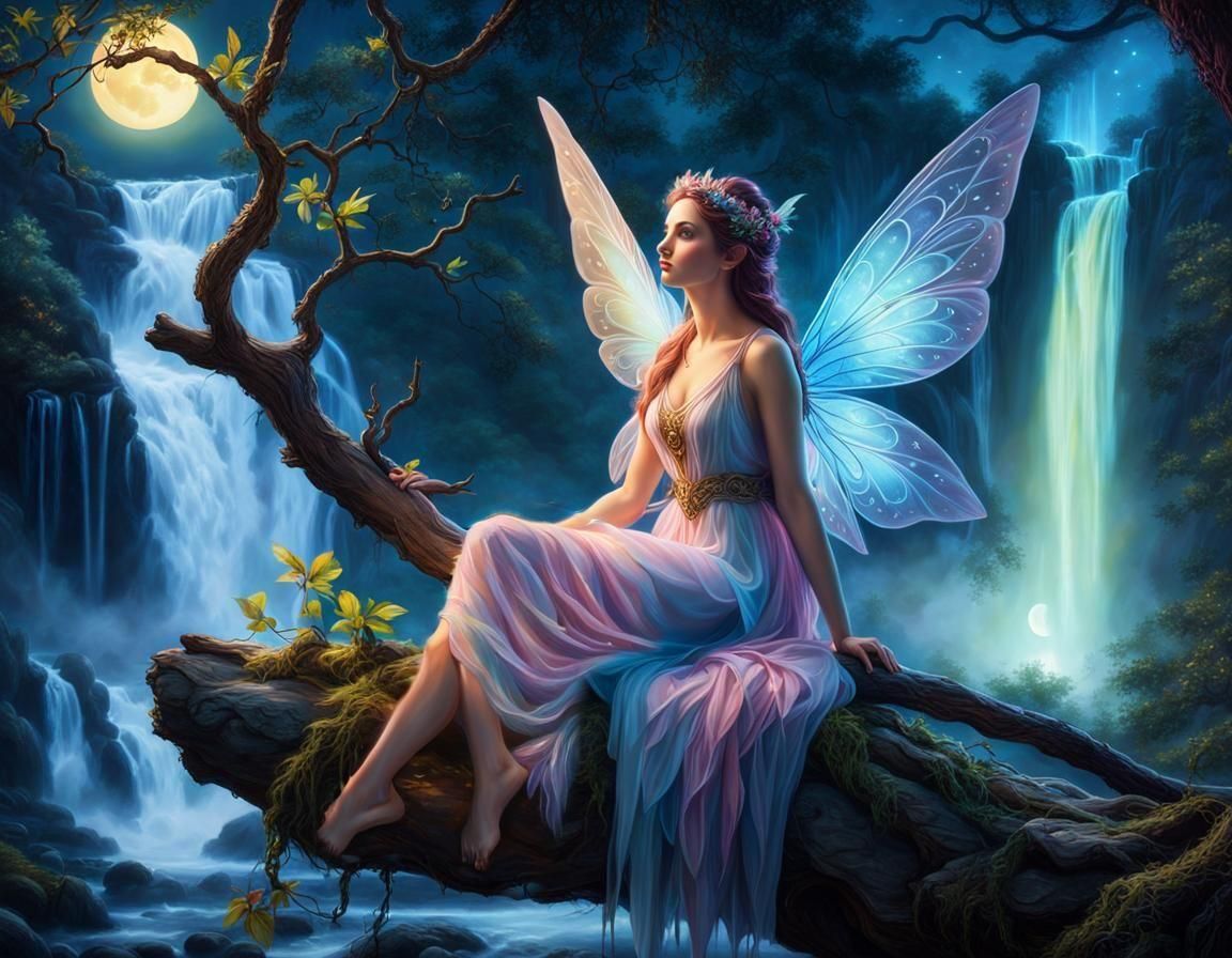 Ethereal Fairy Silhouette Overlooking Moonlit Waterfall