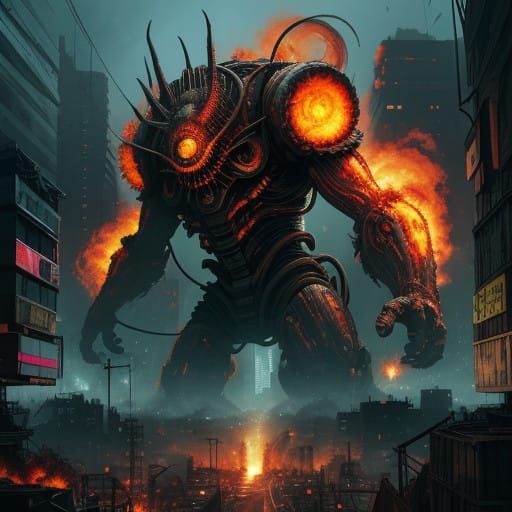 Cyberpunk Kaiju Wreaks Dusktime Havoc on Cityscape