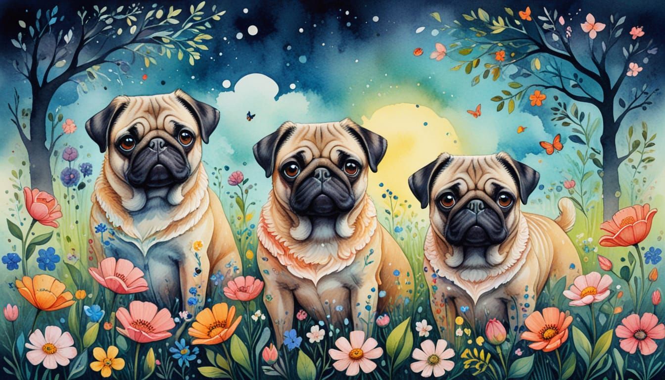 Surreal Watercolor Painting of Pugs in a Springtime Garden
