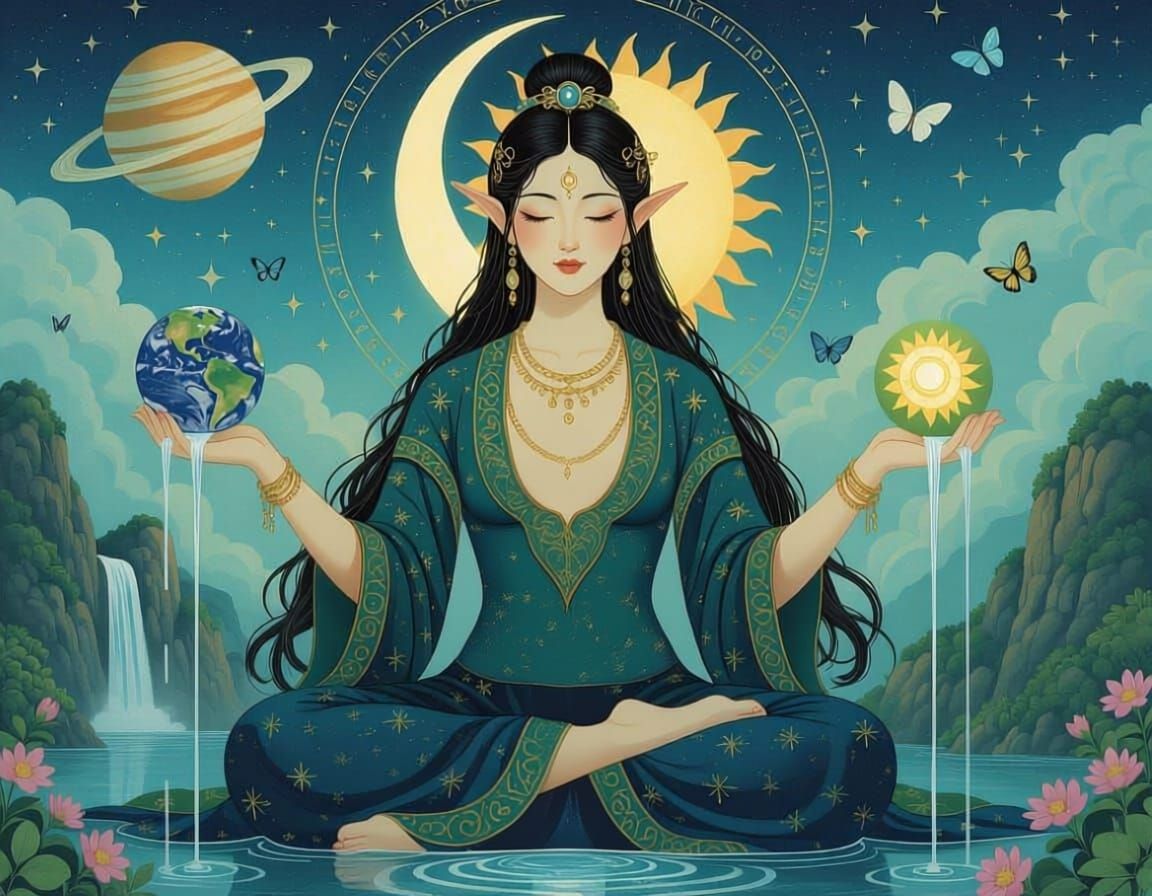 Celestial Goddess Holding Landscape in Palms: Manhwa Style