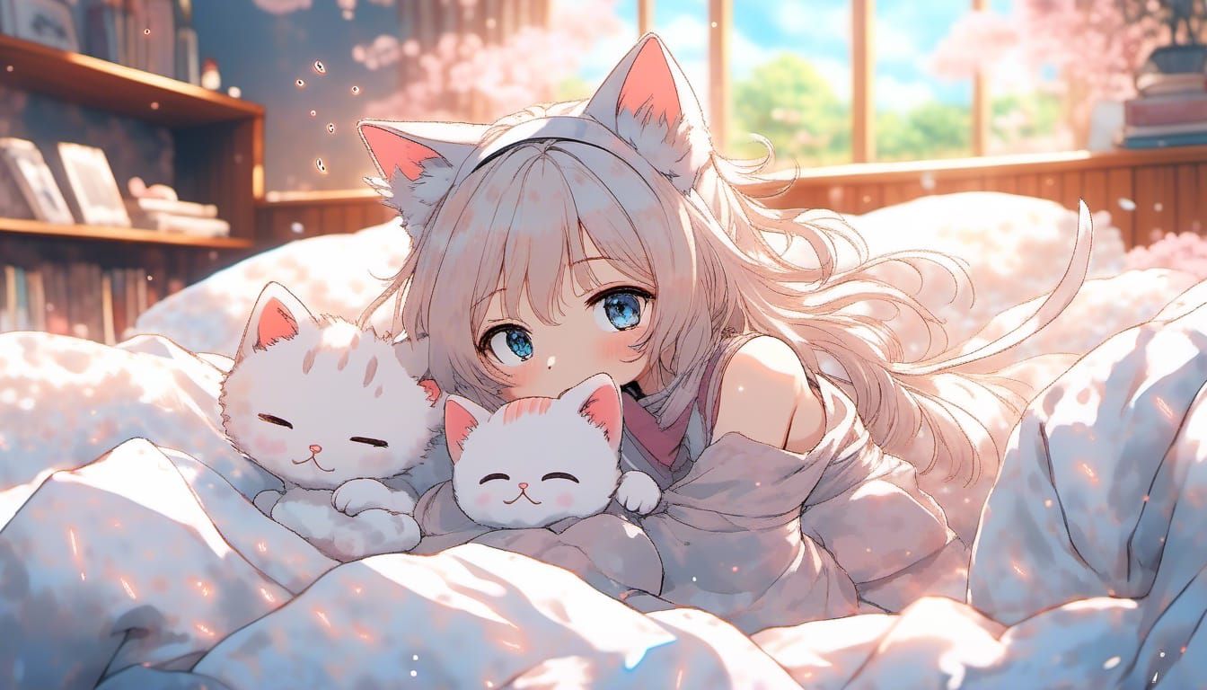 Cute Kitten in Bed: Anime Key Visual
