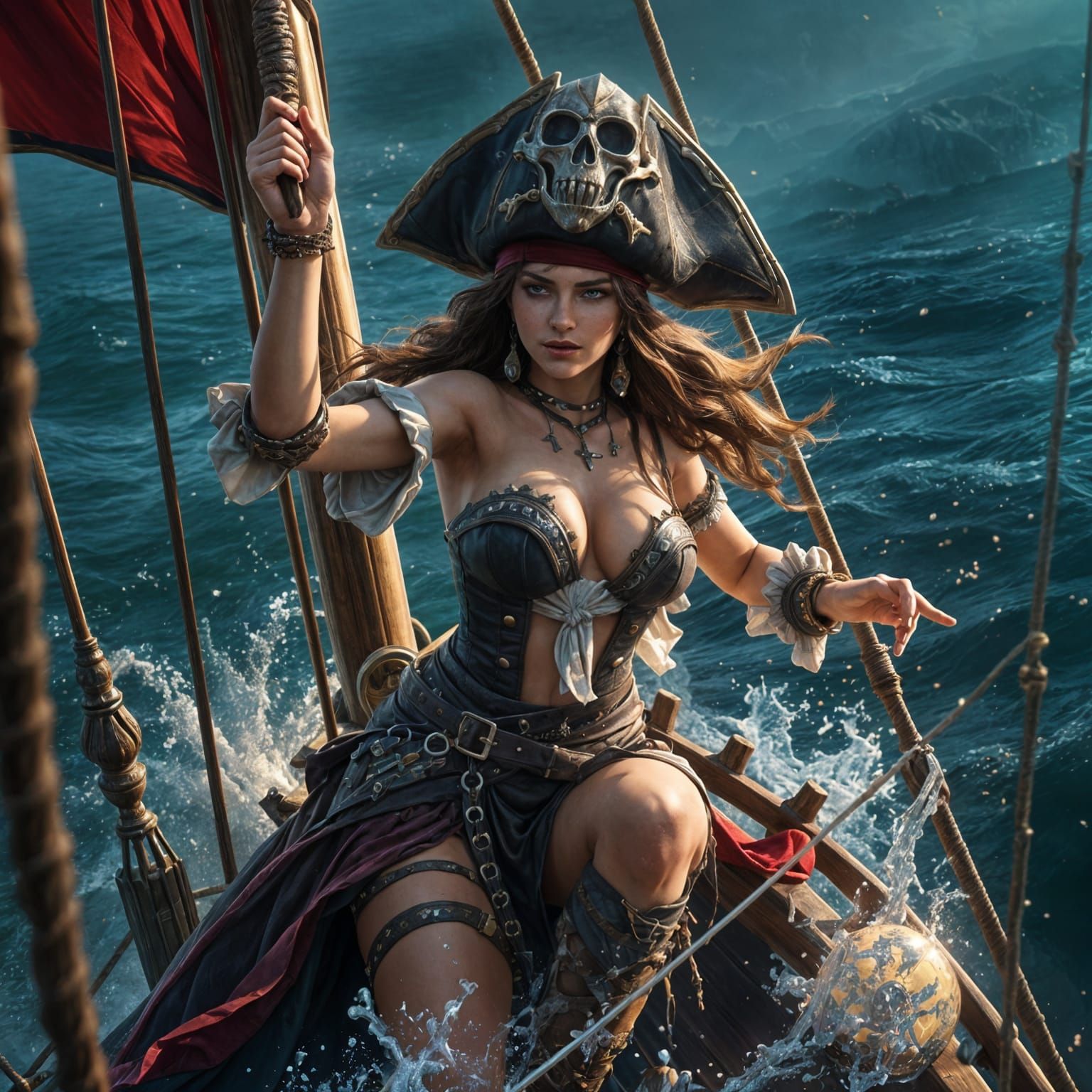 Epic Female Pirate Ship Portrait in High Fantasy Style