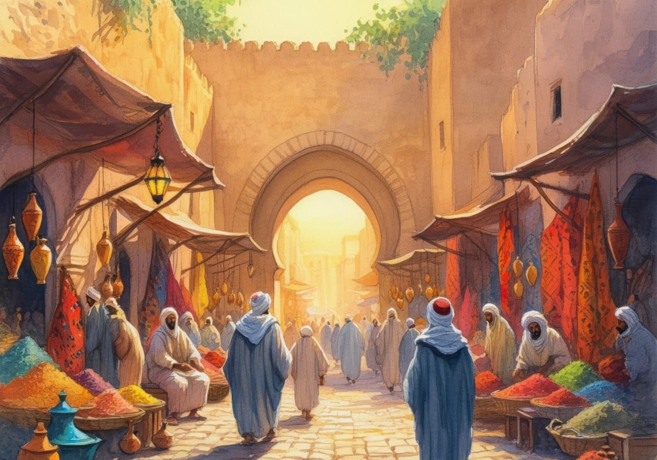 Vibrant North African Market in Watercolor Style