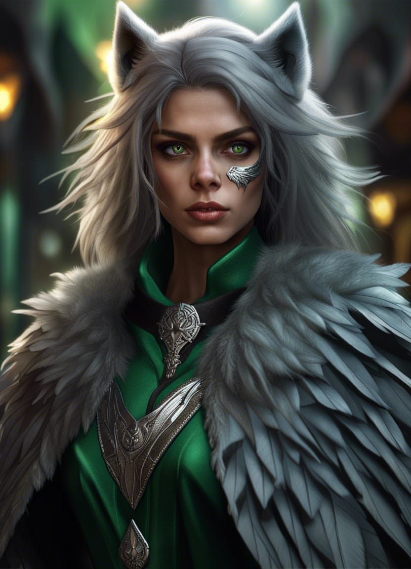 Green-Eyed Silver Werewolf Rogue in High Fantasy Style