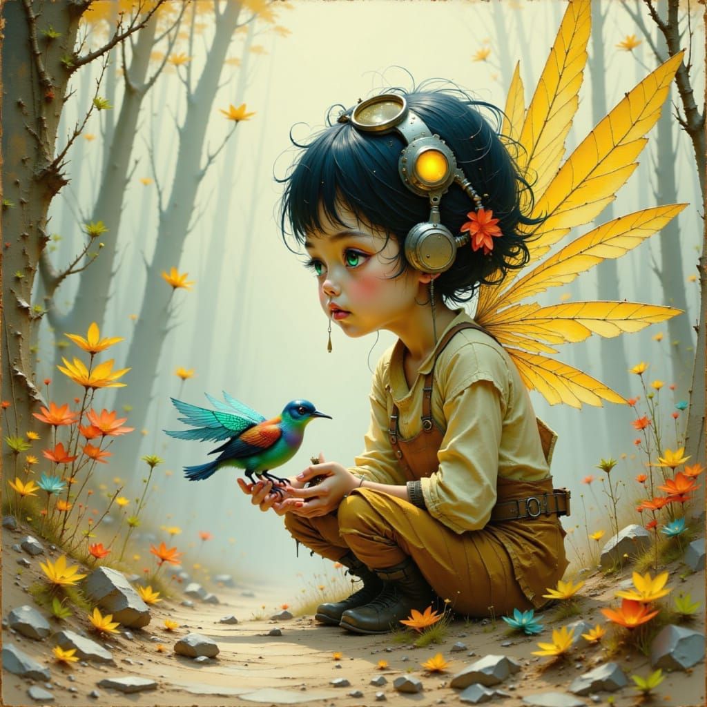 Mechanic Fairy Repairs Clockwork Bird in Steampunk Style