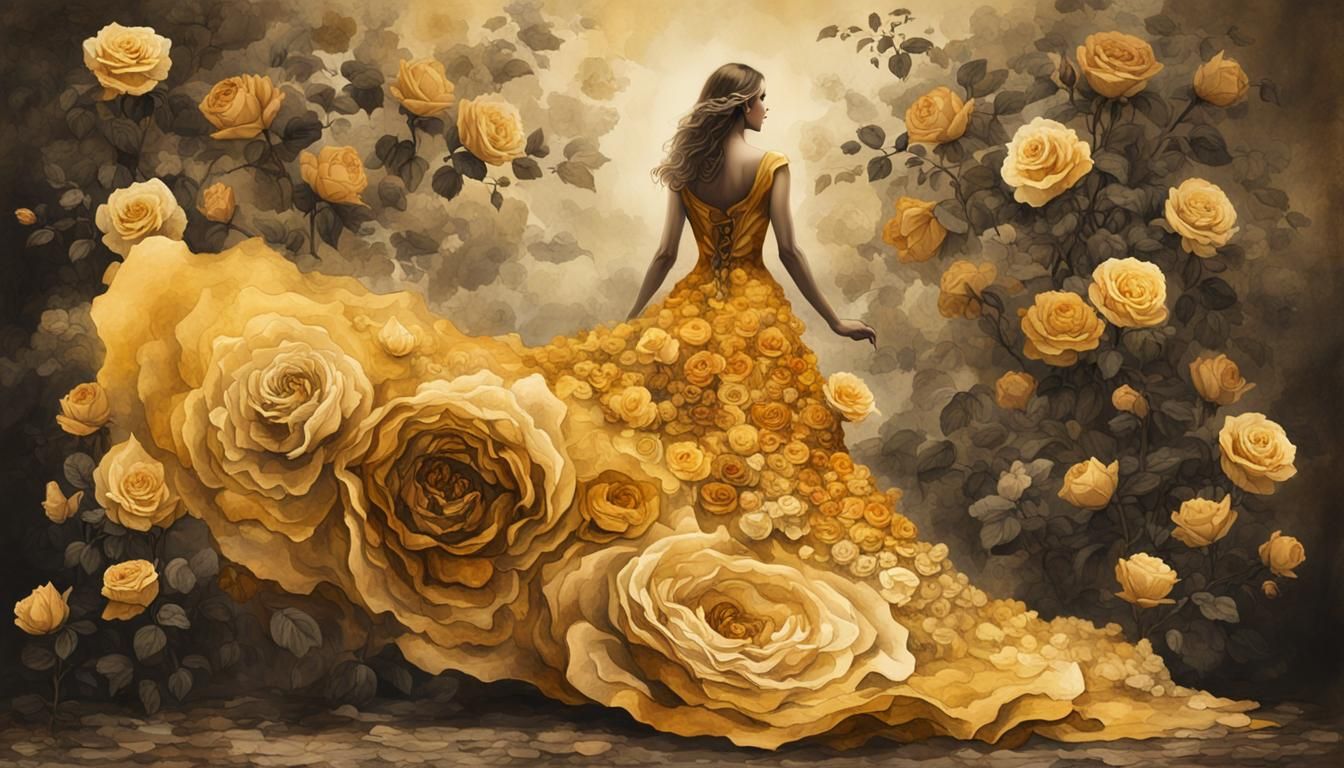 Woman's Rose Dress: Collage Art in Yellow and Gold