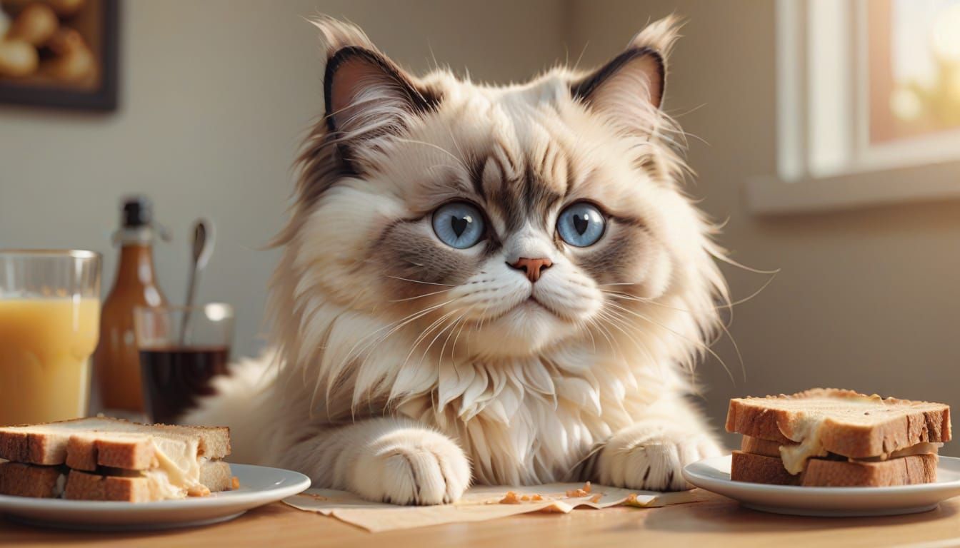 Ragdoll Cat Enjoys Toast: Whimsical Digital Art