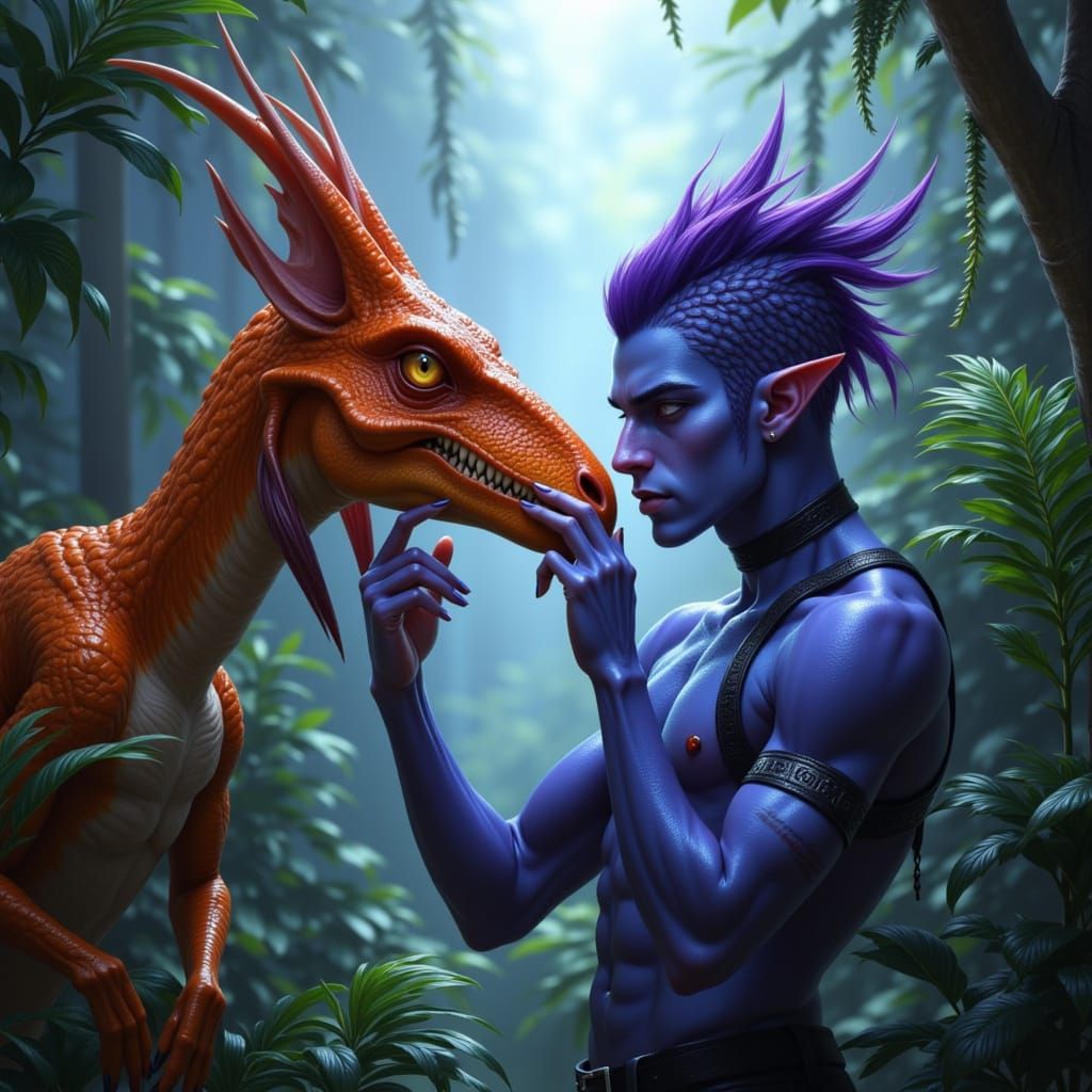 Light Blue Darkspear Troll Petting Velociraptor in Jungle
