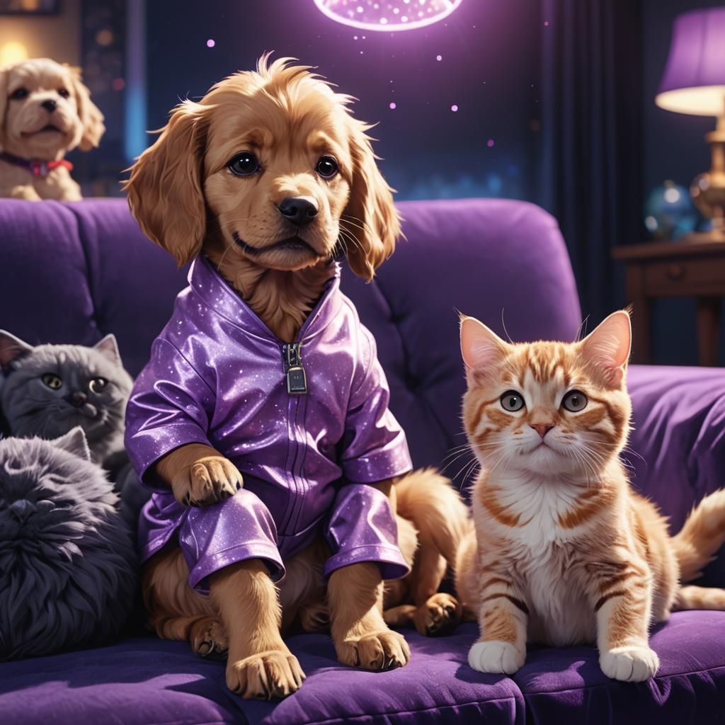 Anime Style Dog, Cat, and Baby with Neon Aura