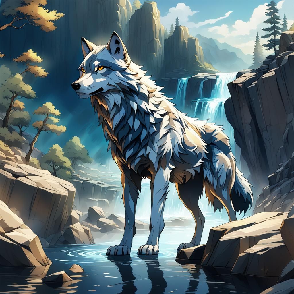 Majestic Water Wolf in Vibrant Anime Style