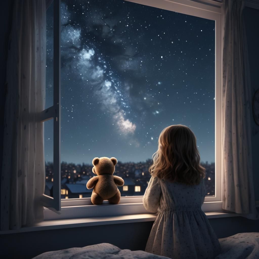 Girl, Teddy Bear, Shooting Star, 8k Resolution