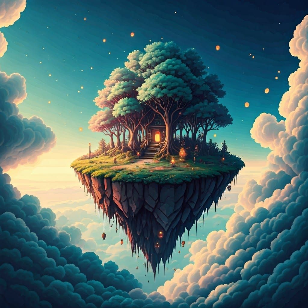 Floating Island with Luminous Forest in Dreamy Sky