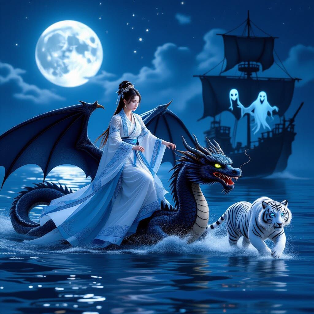 Girl on Dragon with Tiger and Ghost Ship