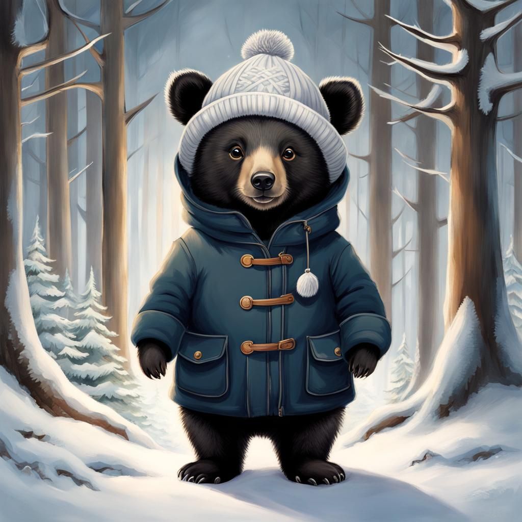 Adorable Baby Bear in Winter Clothes, Fairytale Illustration