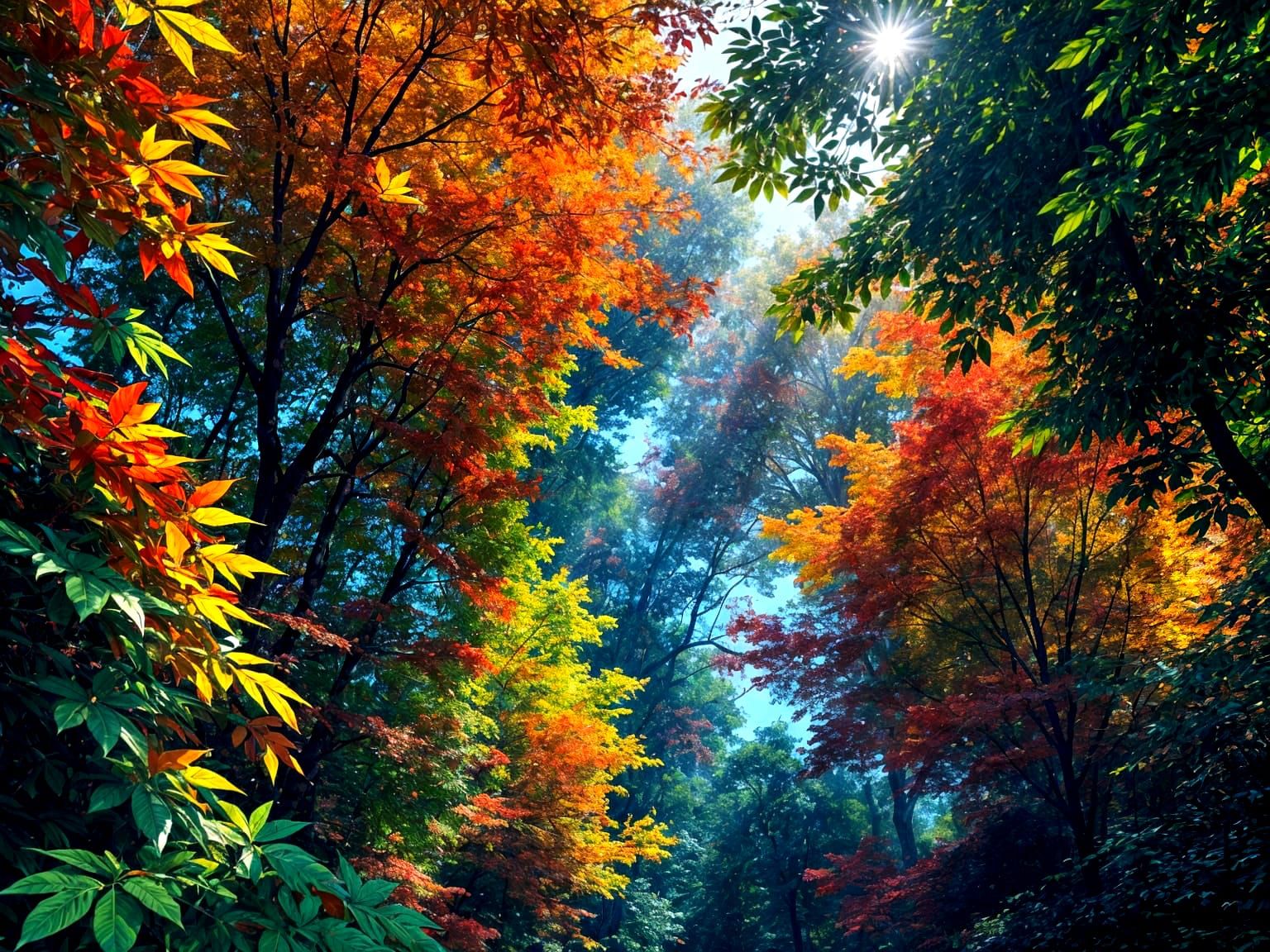 Vibrant Forest Illuminated by Radiant Sunlight