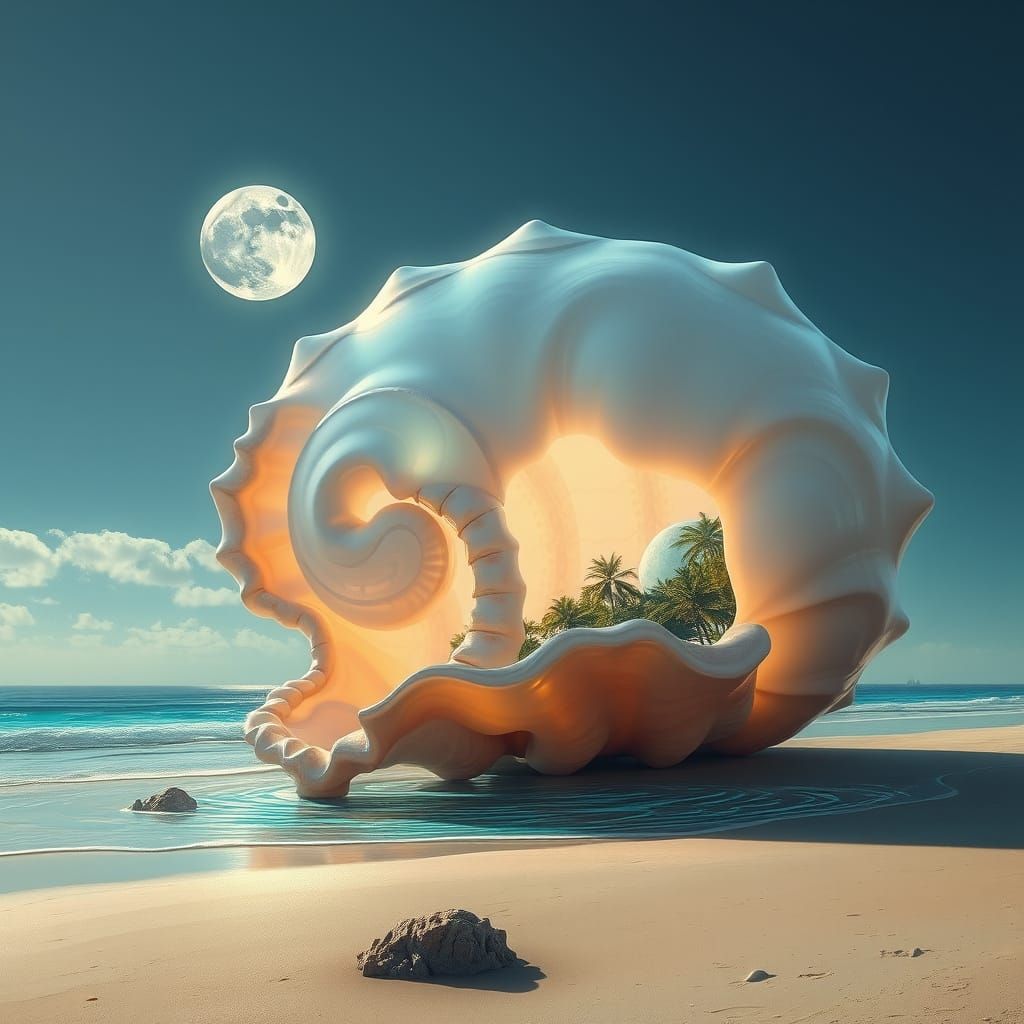 Ethereal Seashell on Alien Beach Under Twin Moons