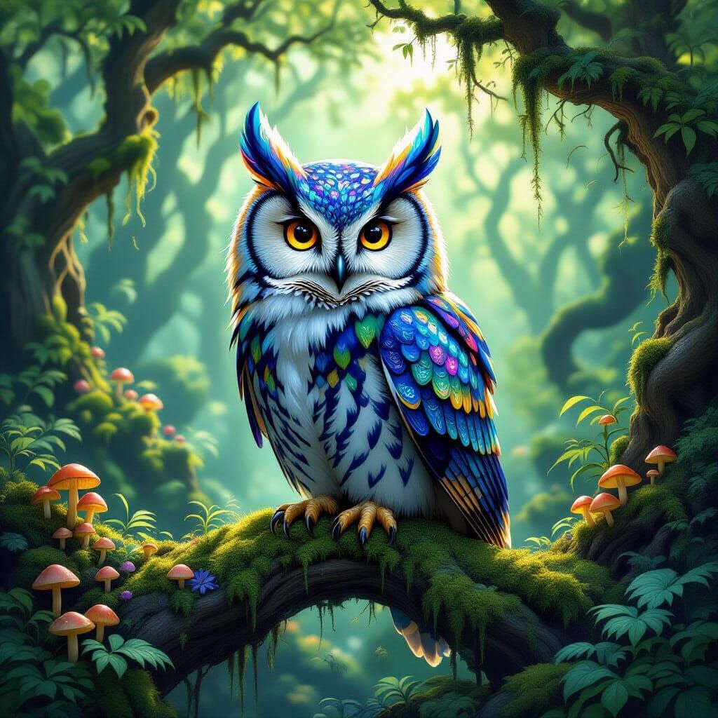 Vibrant Owl in Enchanted Forest, Fantasy Art Style