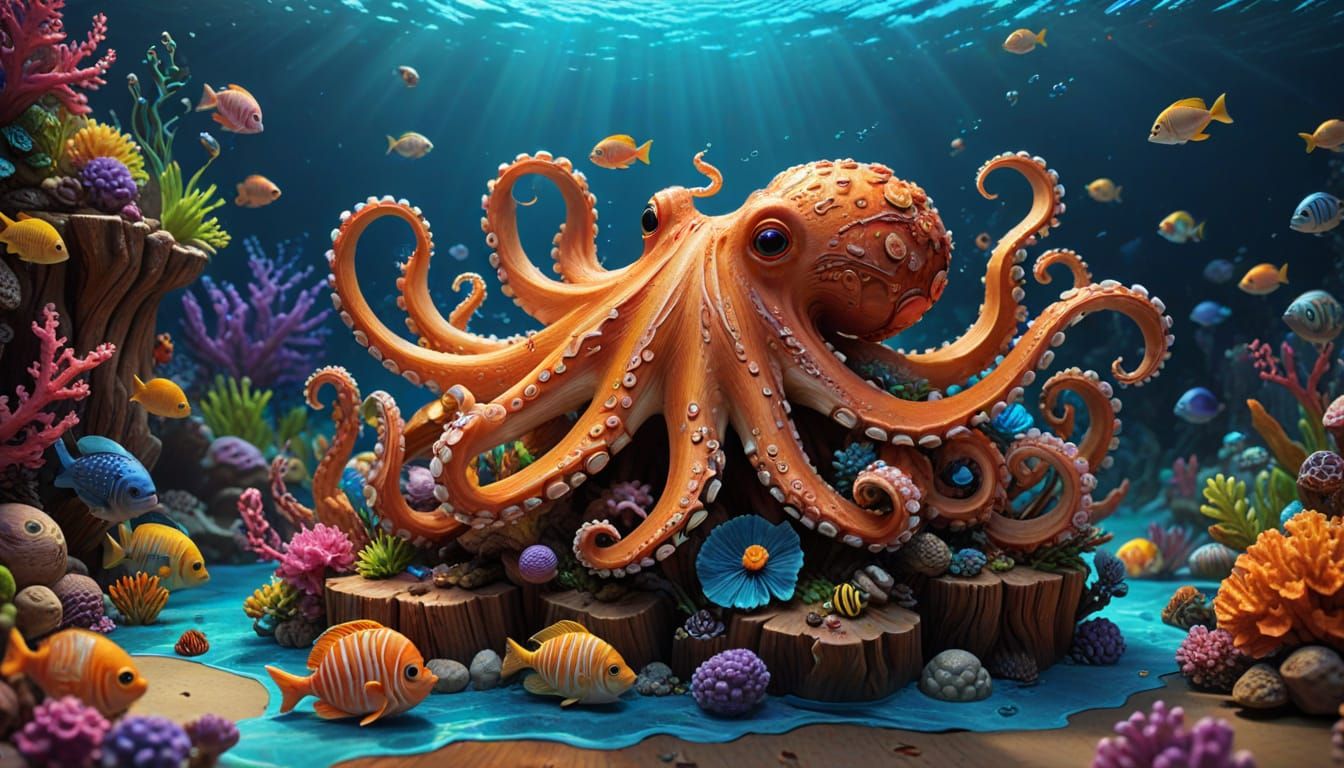 Whimsical Underwater Octopus in Pixar-Inspired 3D Art