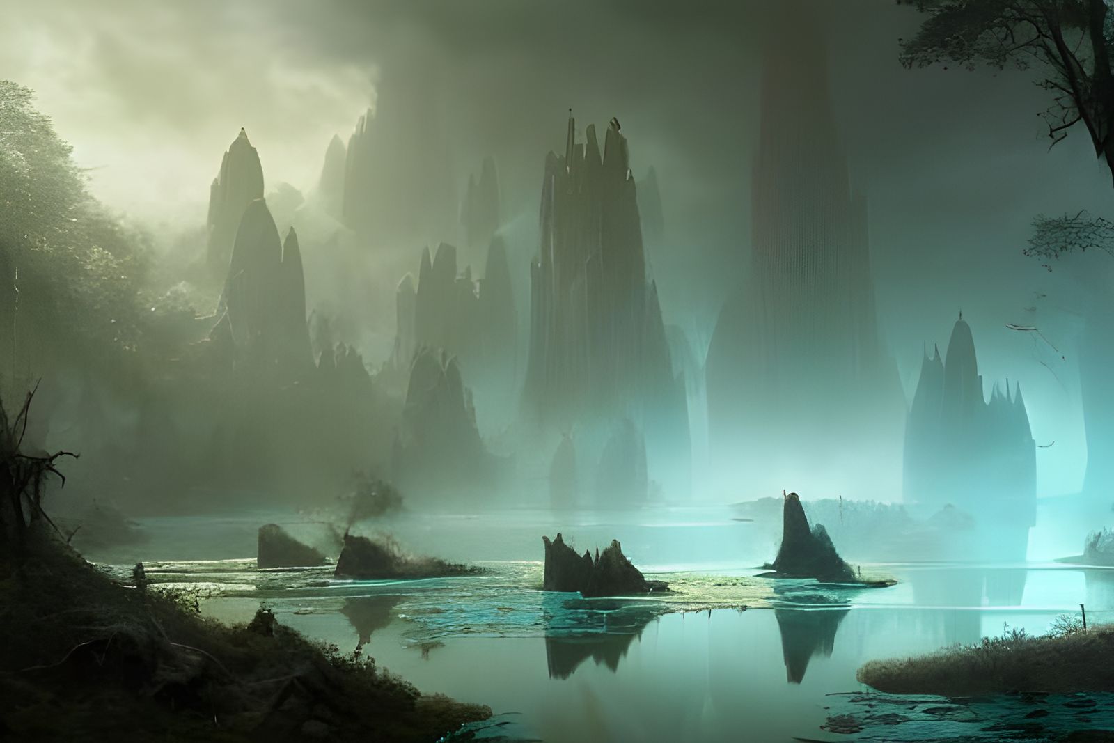 Dramatic Turquoise Swamp: Dark Fantasy Concept Art