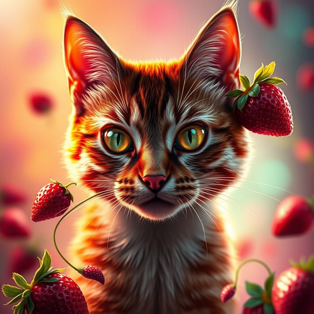 Vibrant Strawberry Cat in Dreamlike Hyperrealism