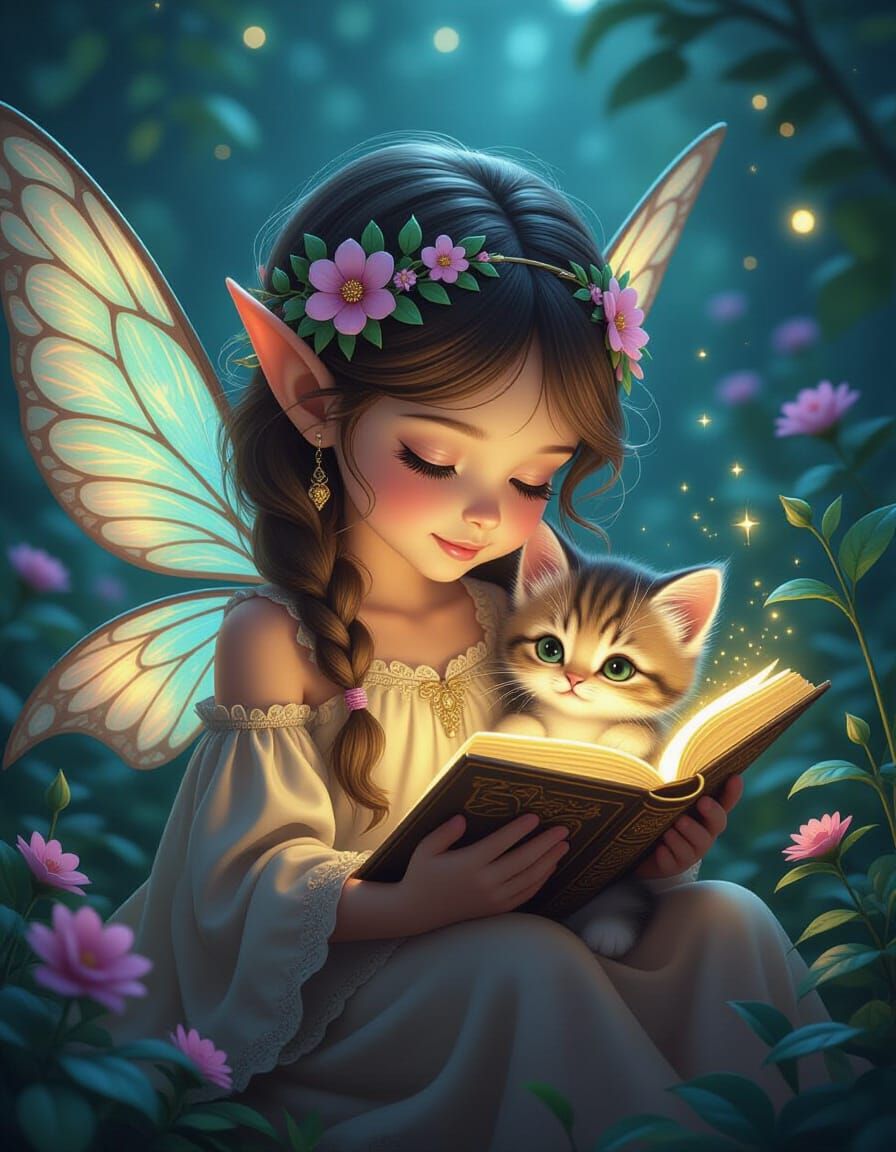 Enchanting Fairy Reads to Kitty in Magical Garden
