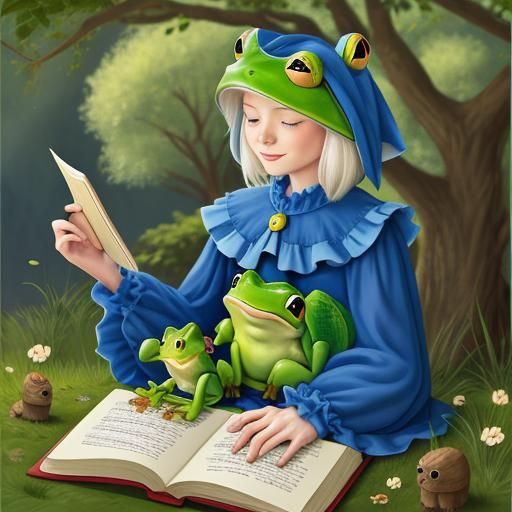 Frog Reads Fairytales Underneath a Tree