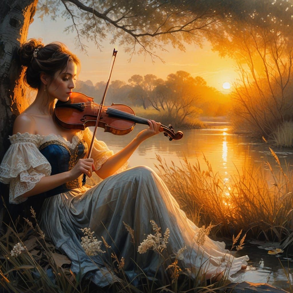 Woman Plays Violin at Sunset by Tree in Romantic Style