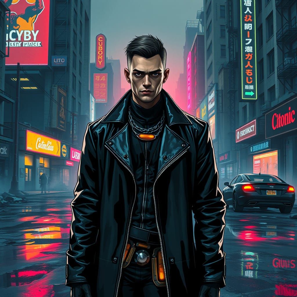 Cyberpunk Visionary I.A.626 in Gritty Futuristic Landscape