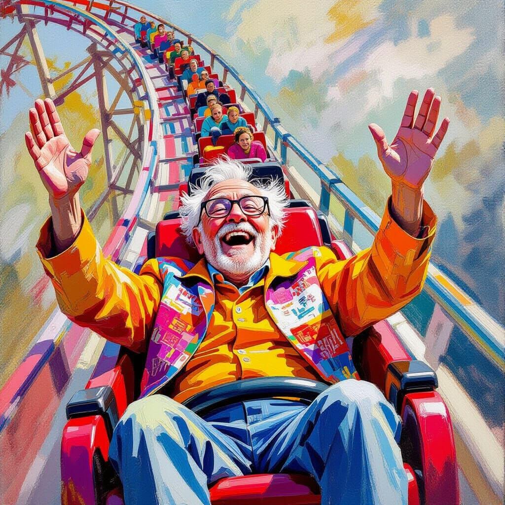 Elderly Man's Joyful Roller Coaster Ride as Gouache Painting