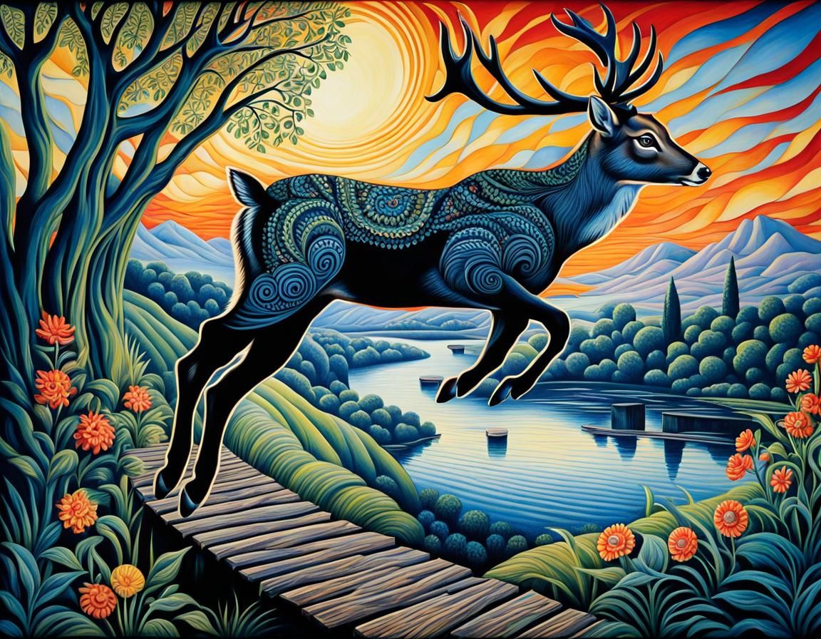 Deer's Zentangle Leap in Art Deco Landscape