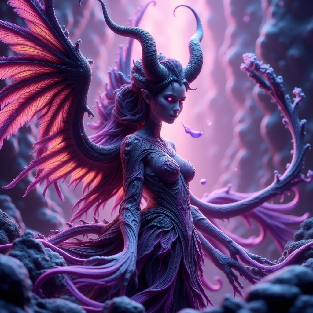 Mystical Demon Girl in Dreamlike Aurora Landscape