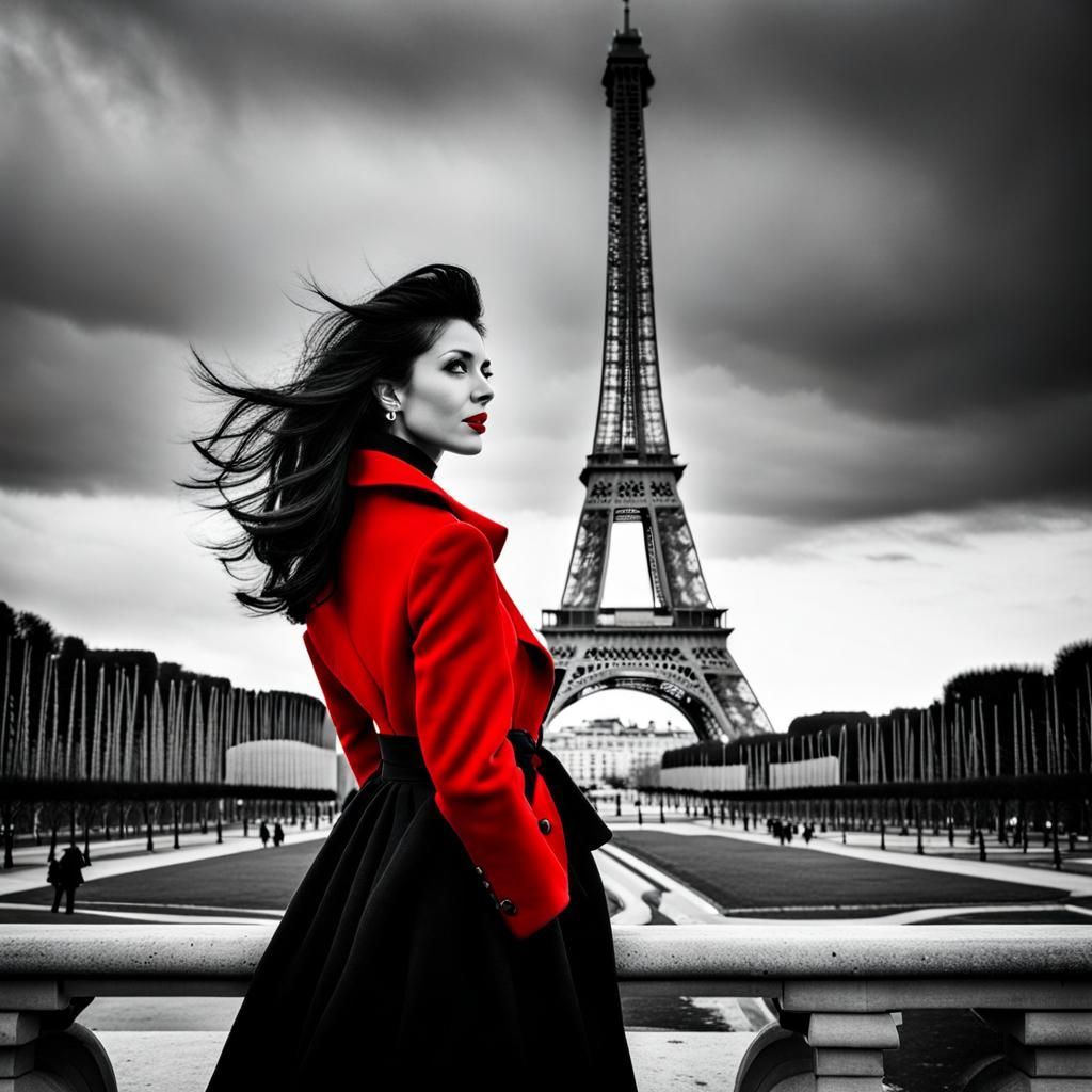 Parisian Elegance: Woman in Red Coat near Eiffel Tower
