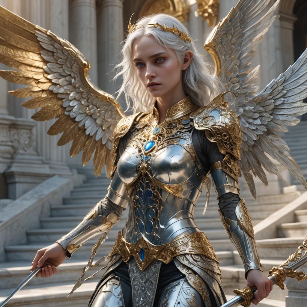 Metallic Angel with Chrome Sword: Fantasy Art