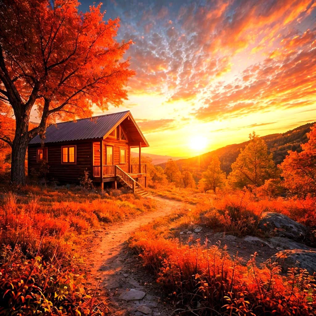 Dreamy Fantasy Sunset Over Winding Path and Cabin
