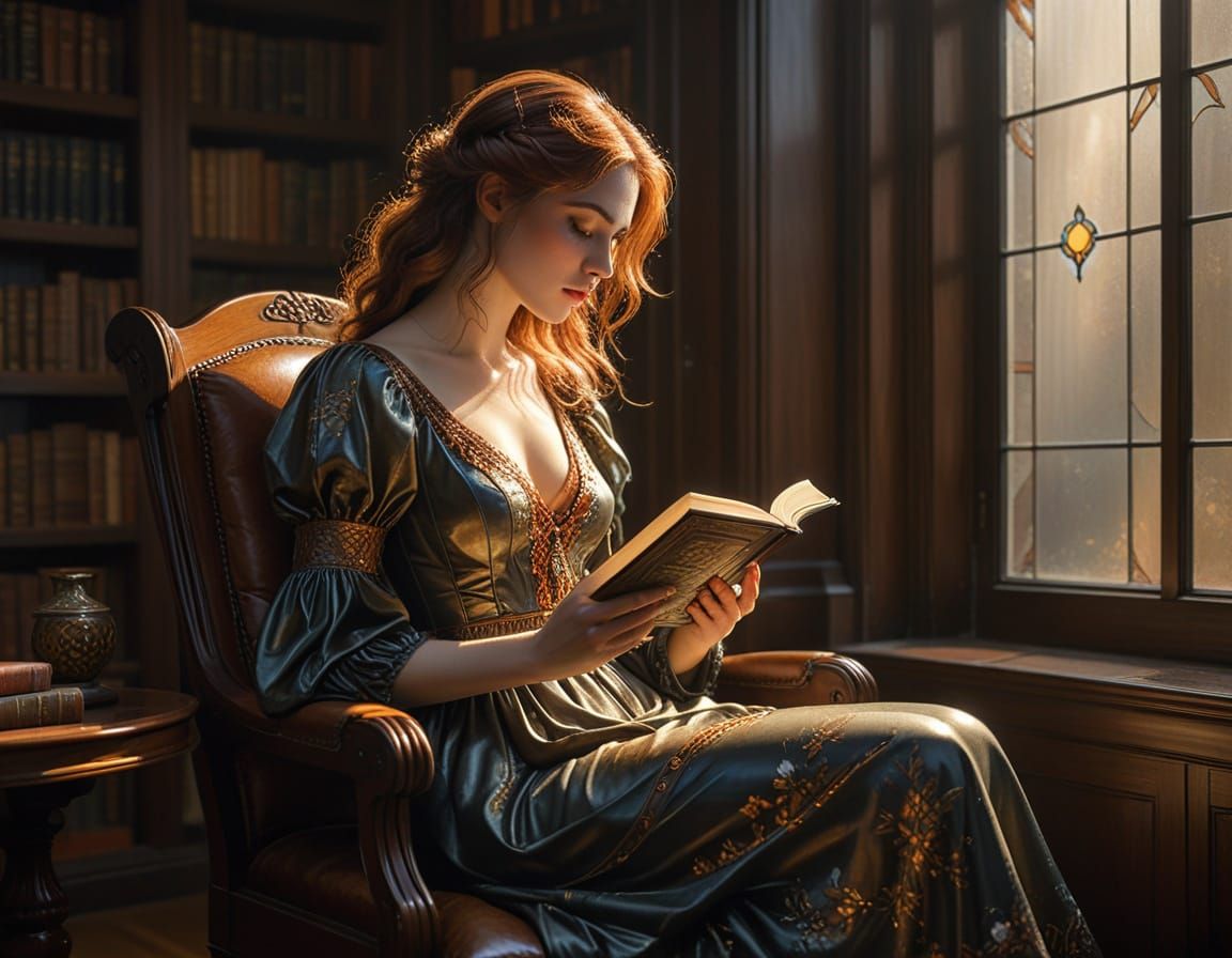 Elegant Woman Reading in Sunlit Library
