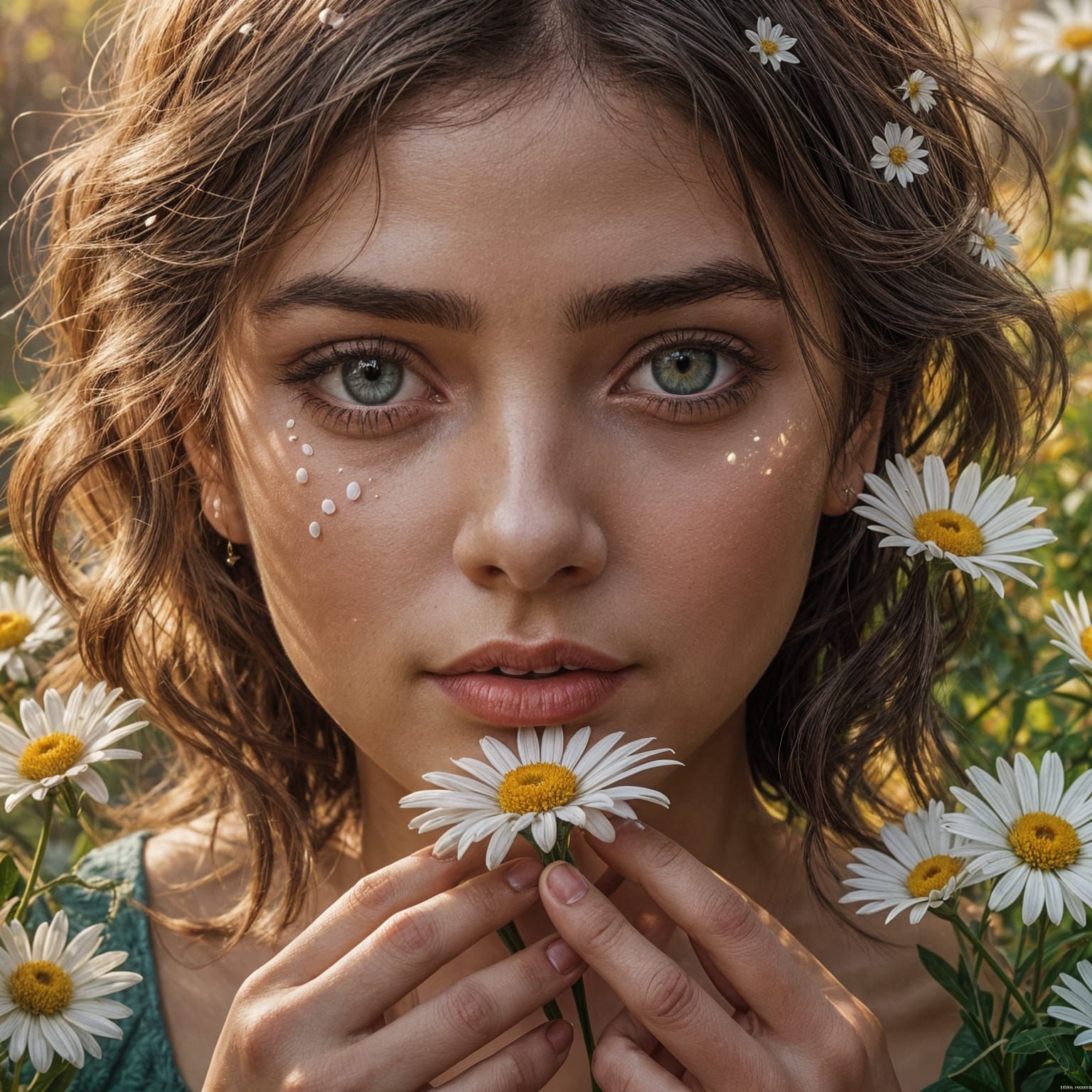Soulful Girl with Daisy: Realistic Close-Up Portrait