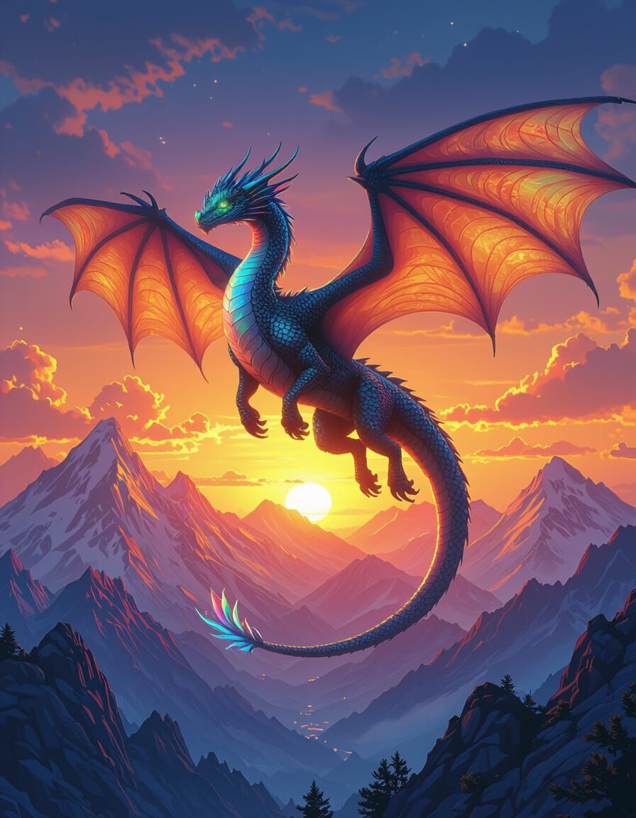 Dragon Soaring Over Neon Mountains: Fantasy Art