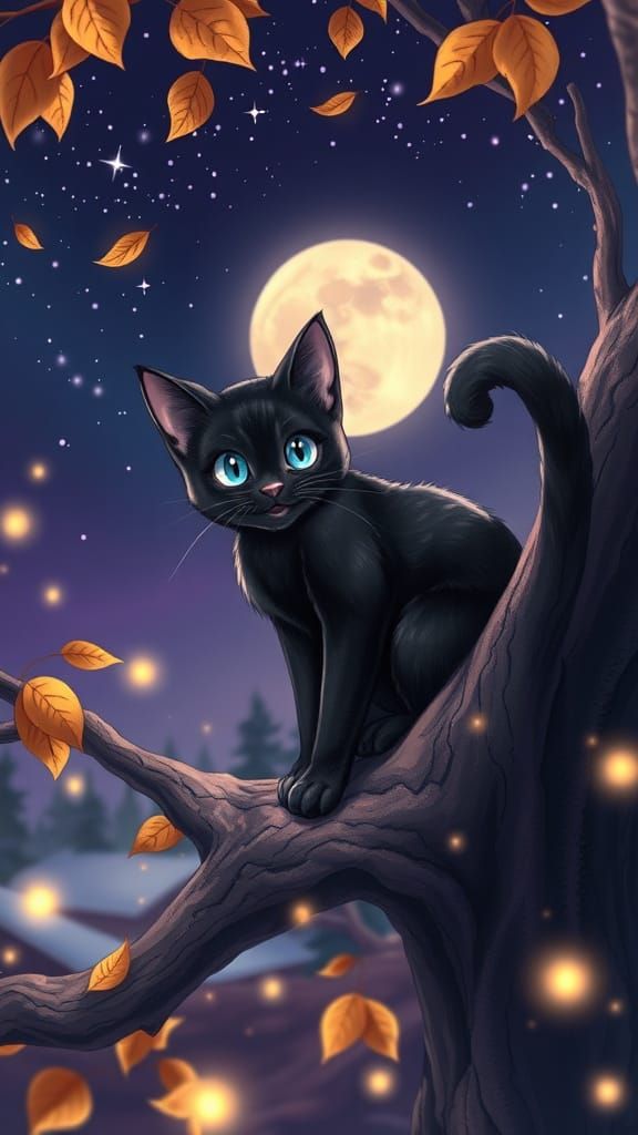 Black Cat Perched on Branch Under Starry Sky
