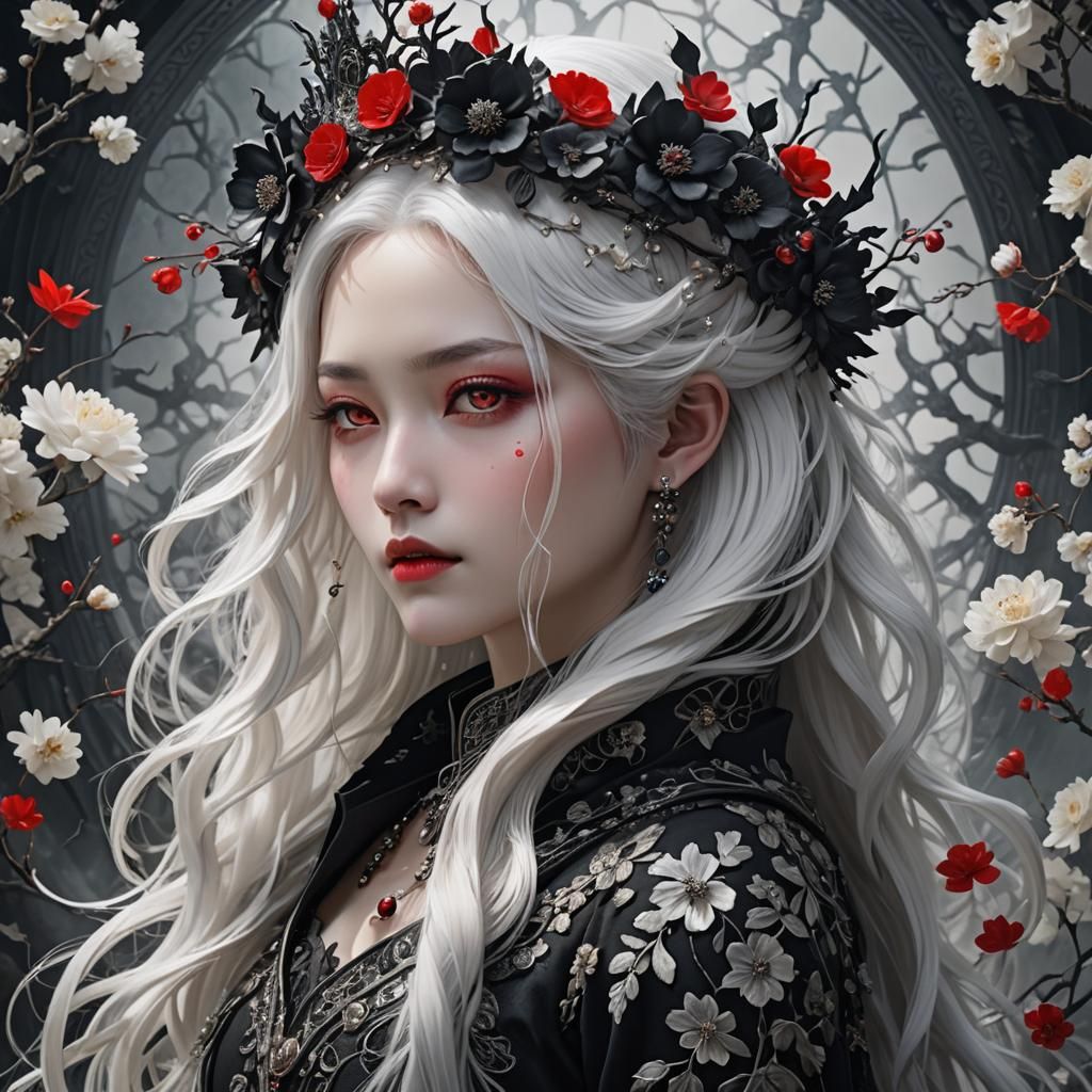 Regal Woman with Black Flower Crown: Anime Style