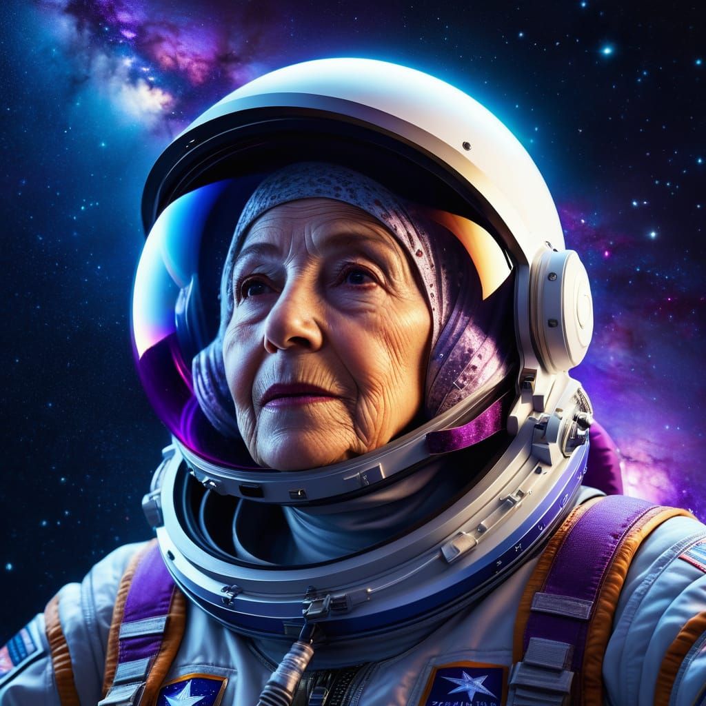 Grandma Astronaut Floating in Space as Digital Art