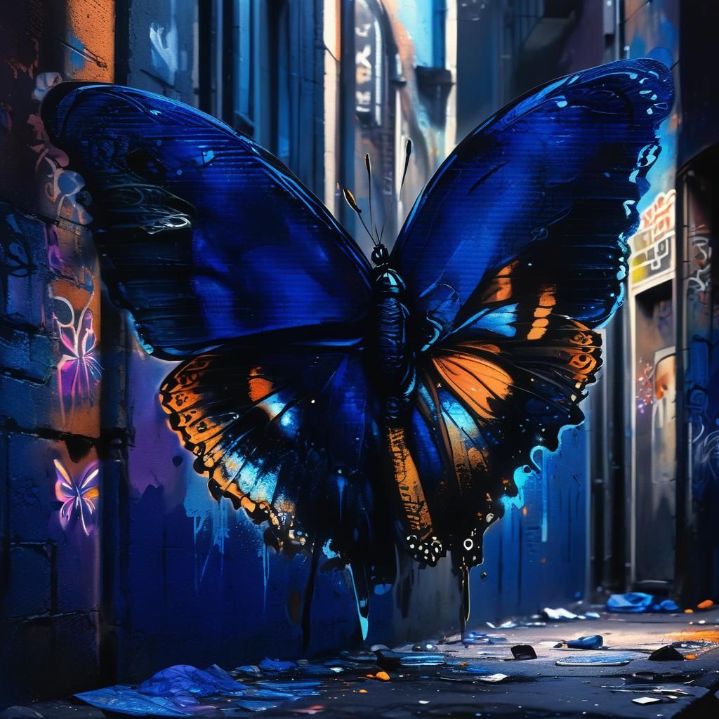 Butterfly Graffiti Artist in Sci-Fi Alleyway