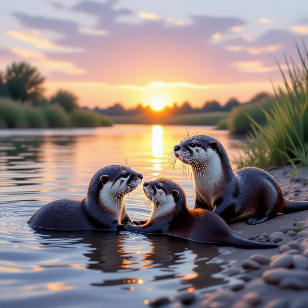 Family of Otters at Sunrise in Landscape Painting Style