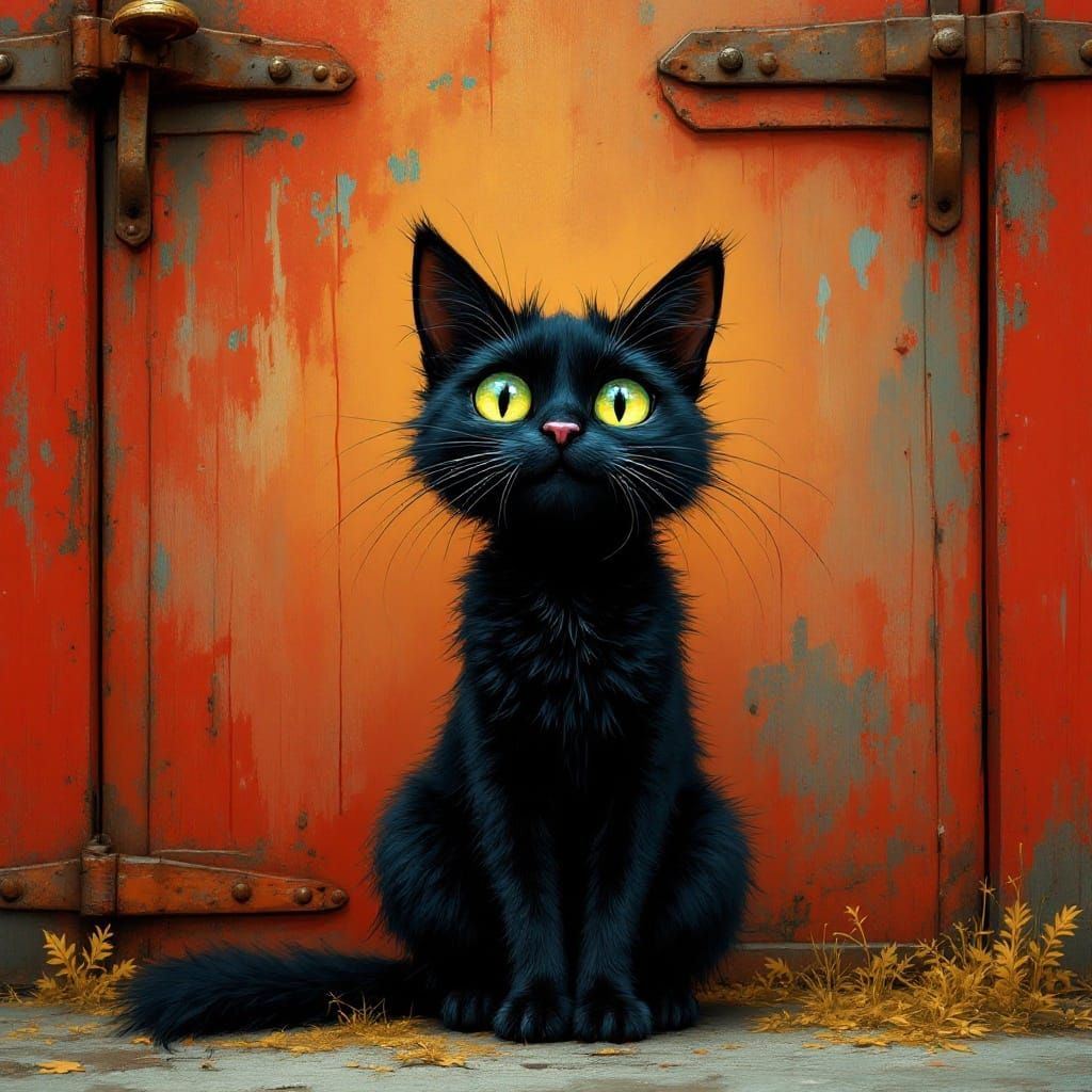 Black Cat with Green Eyes, Dreamlike Illustration